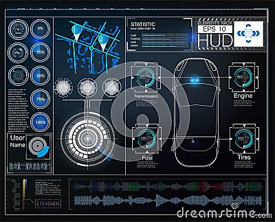 Car service in the style of HUD. Virtual graphical interface Ui HUD Autoscanning, analysis and diagnostics, Vector Illustration